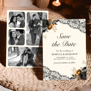 Black Gold Roses Lace Cream Photo Gothic Wedding Save The Date