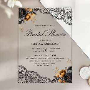 Black Gold Roses Lace Gothic Bridal Shower Acrylic Invitations
