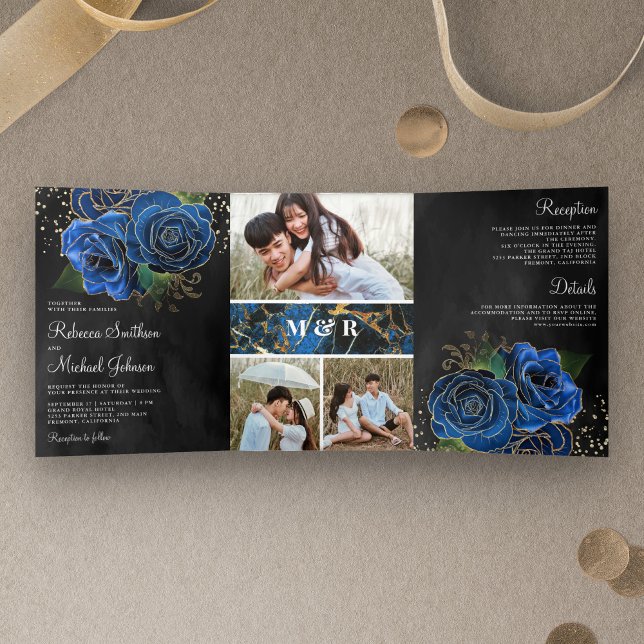 Black Gold Royal Blue Floral Photo Collage Wedding Tri-Fold Invitation (Creator Uploaded)