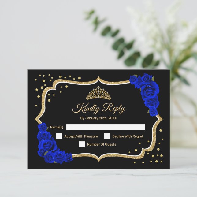 Black Gold Royal Blue Quinceanera RSVP Card (Standing Front)