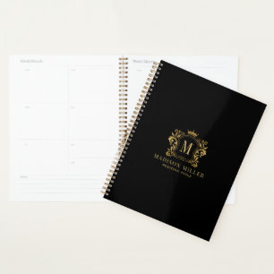 Black Gold Royal Crest Crown Scrolls Monogram Planner