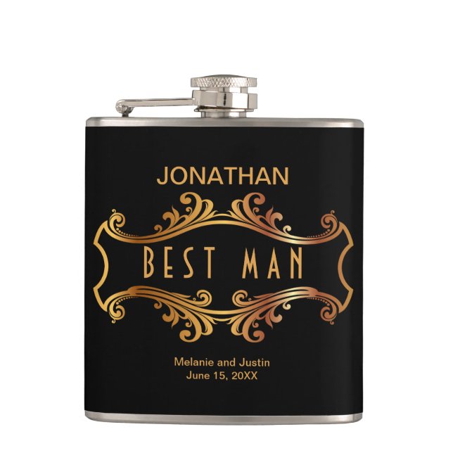 Black Gold Royal Crest Frame Best Man Favour Hip Flask (Front)