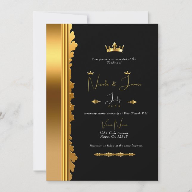 Black & Gold Royal Crown Elegant Glam Wedding    Invitation (Front)