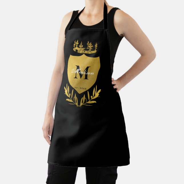 Black & Gold Royal Emblem Shield Monogram  Apron (Insitu)