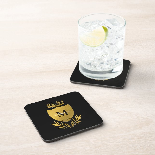 Black & Gold Royal Emblem Shield Monogram  Coaster (Right Side)