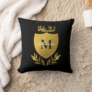 Black & Gold Royal Emblem Shield Monogram  Cushion