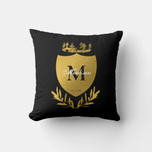 Black & Gold Royal Emblem Shield Monogram  Cushion