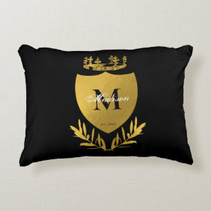 Black & Gold Royal Emblem Shield Monogram  Decorative Cushion