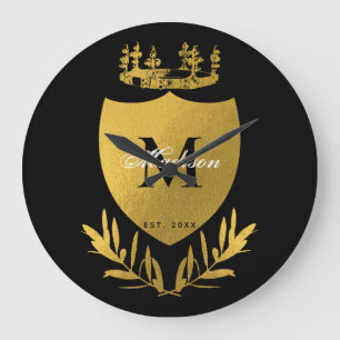 Black & Gold Royal Emblem Shield Monogram Large Clock