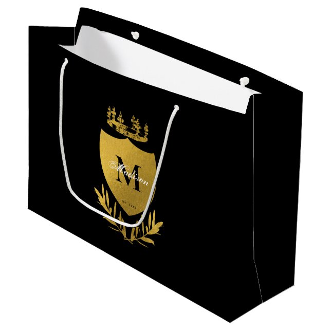 Black & Gold Royal Emblem Shield Monogram Large Gift Bag (Front Angled)