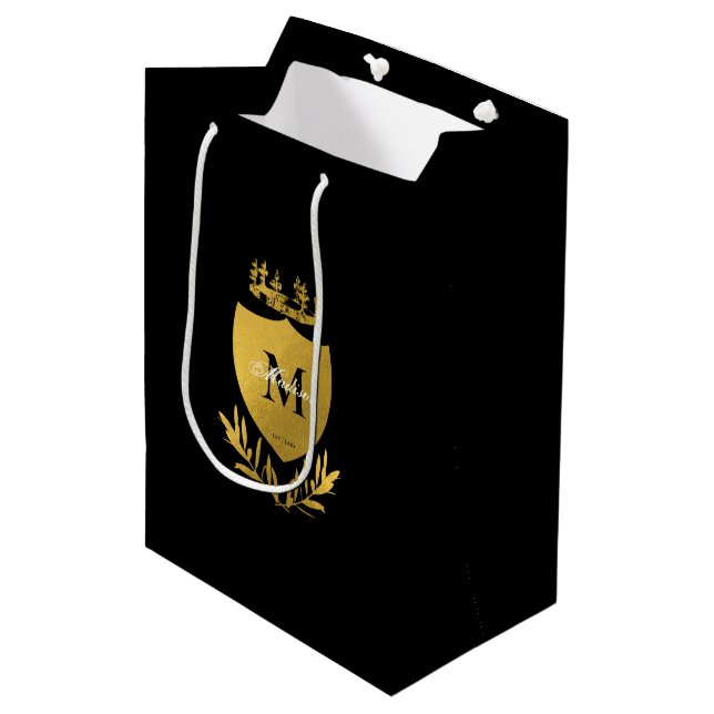 Black & Gold Royal Emblem Shield Monogram  Medium Gift Bag (Front Angled)