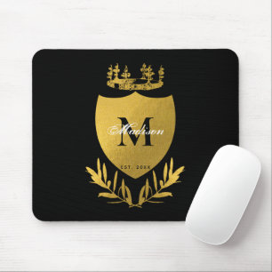 Black & Gold Royal Emblem Shield Monogram   Mouse Mat