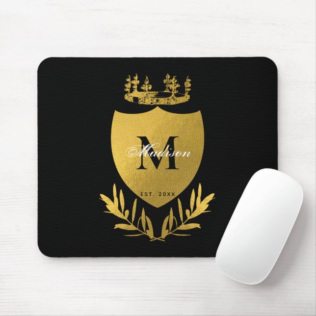 Black & Gold Royal Emblem Shield Monogram   Mouse Mat (With Mouse)