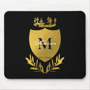 Black & Gold Royal Emblem Shield Monogram Mouse Mat
