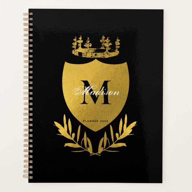 Black & Gold Royal Emblem Shield Monogram Planner (Front)