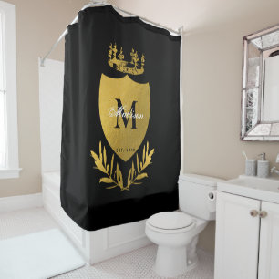 Black & Gold Royal Emblem Shield Monogram  Shower Curtain