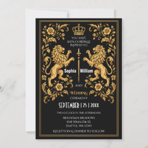 Black Gold Royal Lion Mediaeval Wedding Invitation