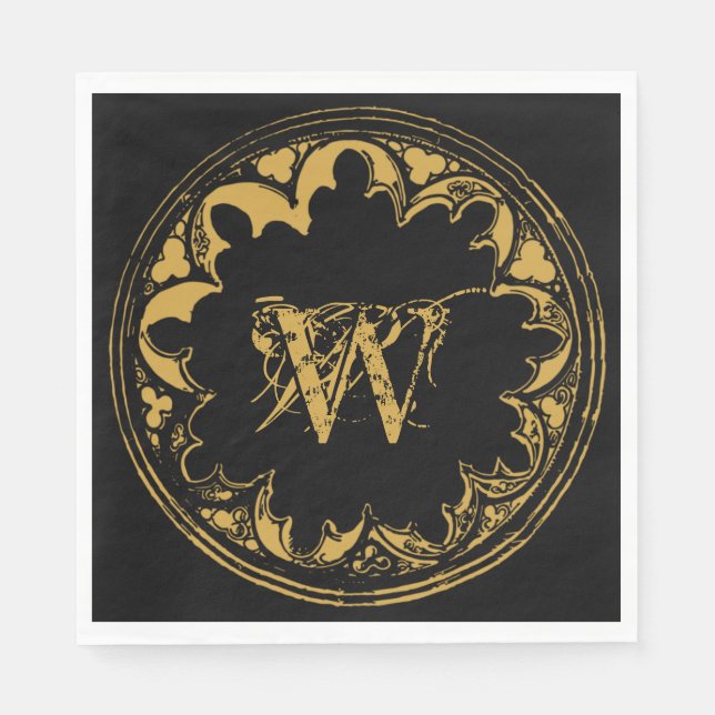 Black & Gold Rustic Vintage Distressed Monogram  Napkin (Front)