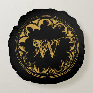 Black & Gold Rustic Vintage Distressed Monogram  Round Cushion