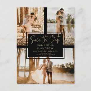 black gold save the date 3 photo grid collage postcard