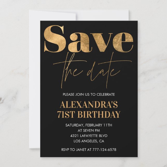 Black Gold Save the date 71st birthday Invitation (Front)