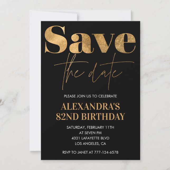 Black Gold Save the date 82nd birthday Invitation (Front)
