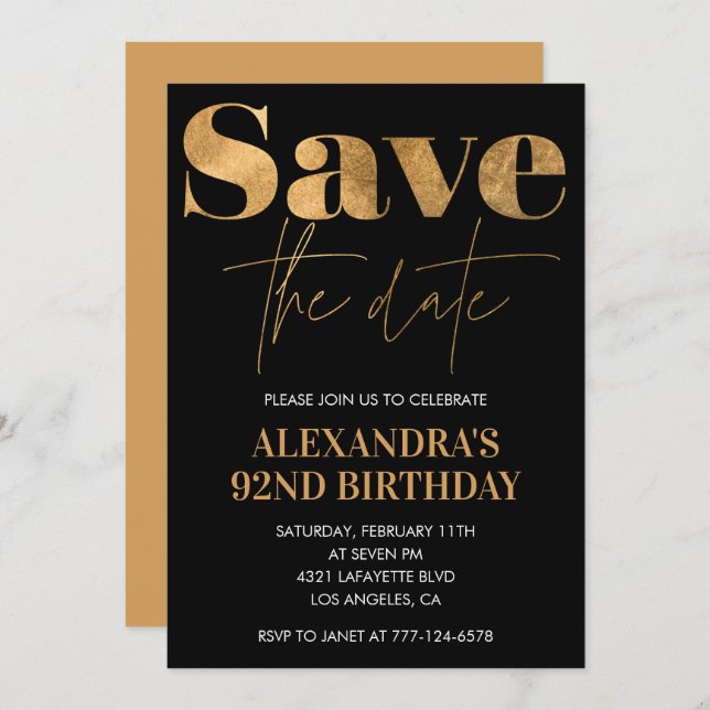 Black Gold Save the date 92nd birthday Invitation (Front/Back)