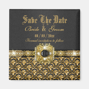 Black gold "save the date" damask wedding magnet