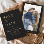 Black Gold Save the Date Photo Minimalist Elegant<br><div class="desc">Black and Gold Wedding Save the Date Cards that have a photo on the front. The Save the Date cards contain a modern hand lettered cursive script typography that are elegant,  simple and modern to use after you minimalist simple wedding day celebration.</div>