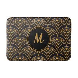 Black Gold Scallop Pattern Art Deco Monogram Bath Mat