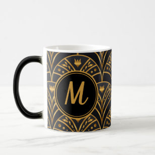 Black Gold Scallop Pattern Art Deco Monogram Magic Mug