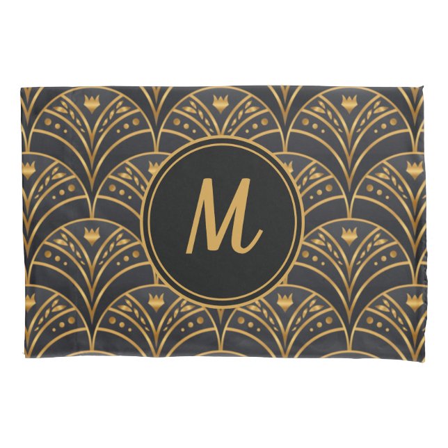 Black Gold Scallop Pattern Art Deco Monogram Pillowcase (Front)