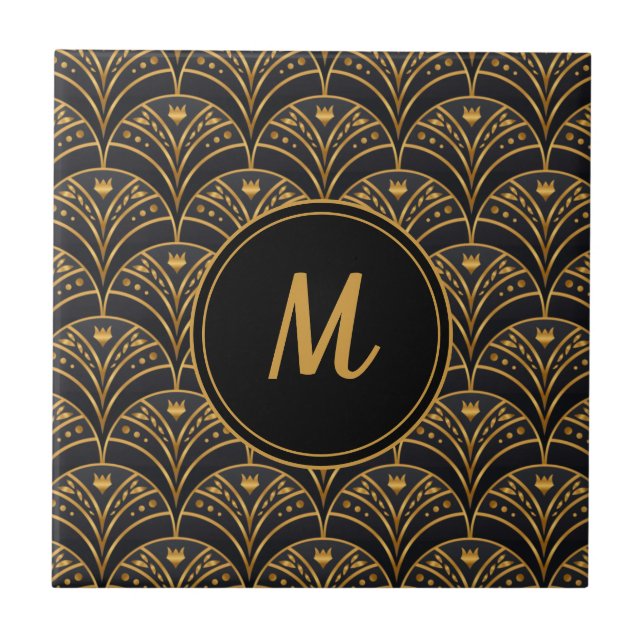 Black Gold Scallop Pattern Art Deco Monogram Tile (Front)