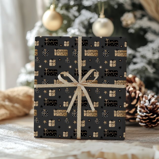 Black Gold Scandinavian Christmas Packages Pattern Wrapping Paper (Creator Uploaded)