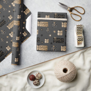 Black Gold Scandinavian Christmas Packages Pattern Wrapping Paper