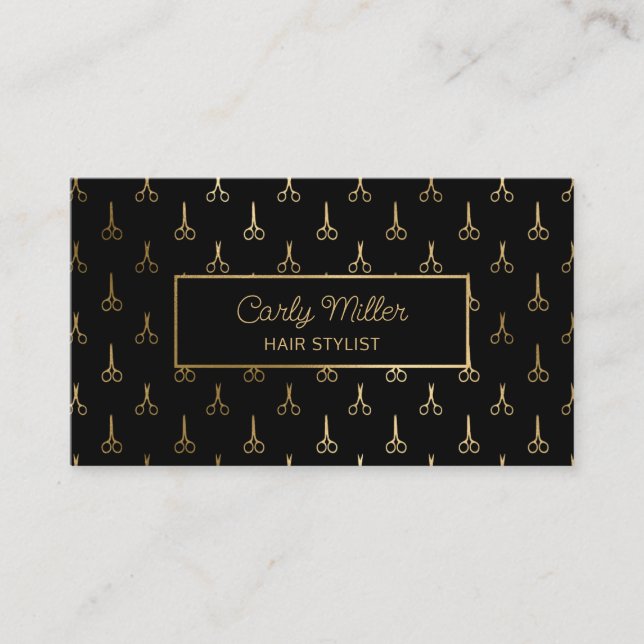 Black & Gold Scissor Pattern Hair Stylist Salon  Business Card (Front)