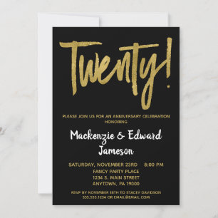 Black Gold Script 20th Anniversary Invitation