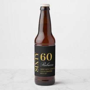 Black & Gold Script 60th Birthday Cocktail Party  Beer Bottle Label