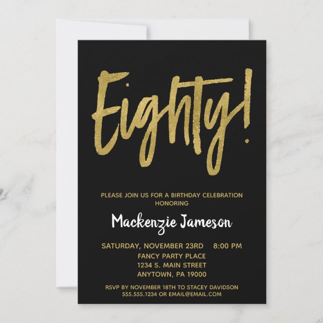 Black Gold Script 80th Birthday Party Invitation (Front)