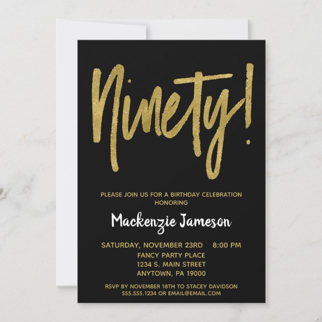 Black Gold Script 90th Birthday Party Invitation (Front)