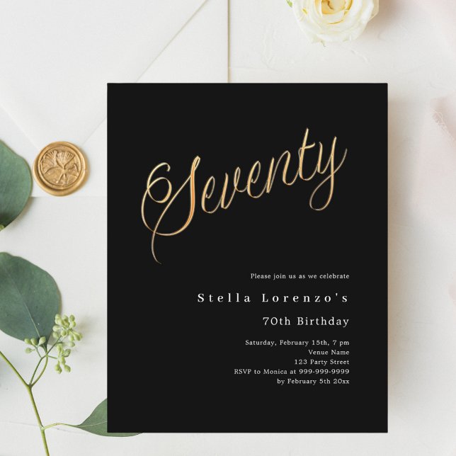 Black gold script budget 70th birthday invitation (Creator Uploaded)