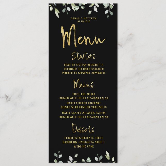 Black & Gold Script Calligraphy Classic Wedding Menu (Front)