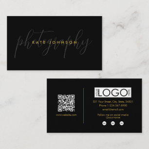 Black Gold Script Calligraphy Signature QR Code Business Card