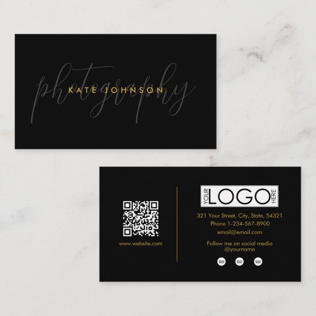 Black Gold Script Calligraphy Signature QR Code Business Card (Front/Back)