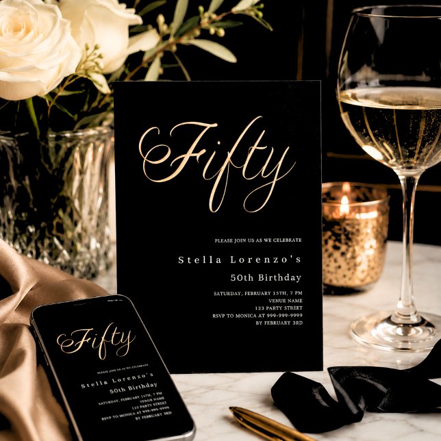 Black gold script elegant 50th birthday luxury invitation (Creator Uploaded)