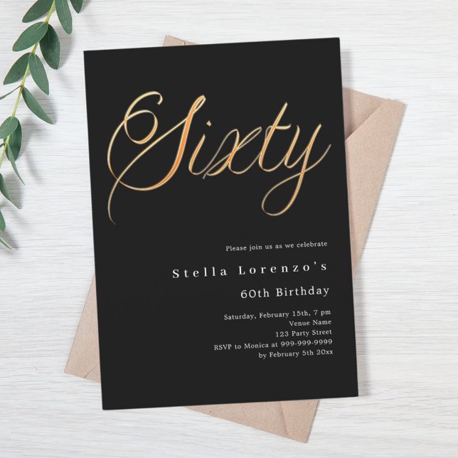 Black gold script elegant 60th birthday invitation (Creator Uploaded)
