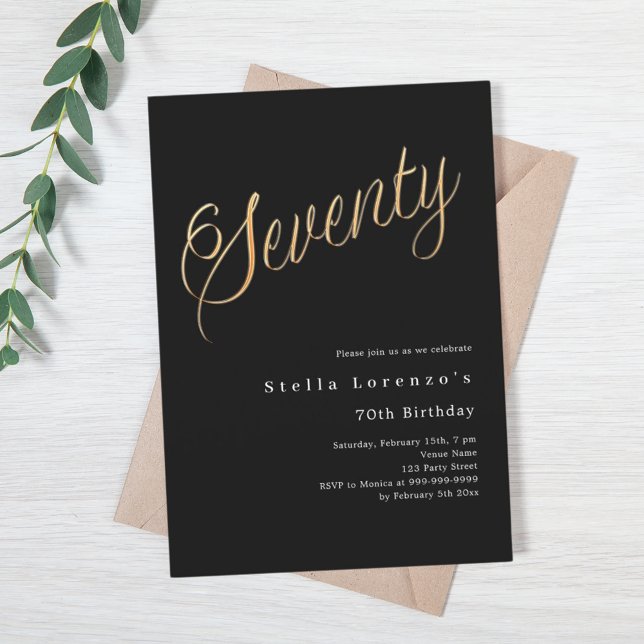 Black gold script elegant 70th birthday invitation (Creator Uploaded)