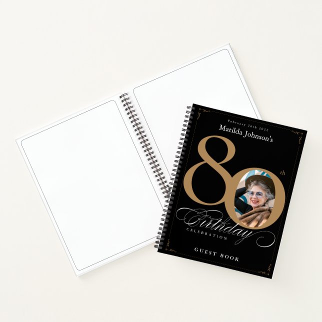 Black Gold Script Elegant 80th Birthday Guestbook Notebook (Inside)