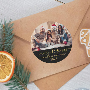 Black Gold Script Family Photo Merry Christmas Classic Round Sticker