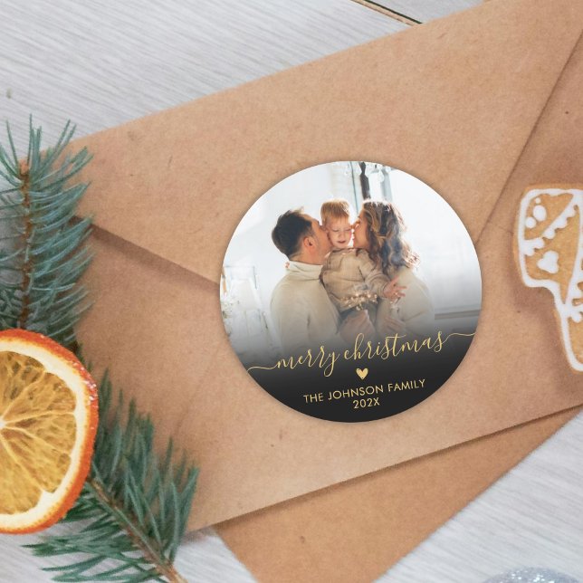 Black Gold Script Family Photo Merry Christmas  Classic Round Sticker (Creator Uploaded)